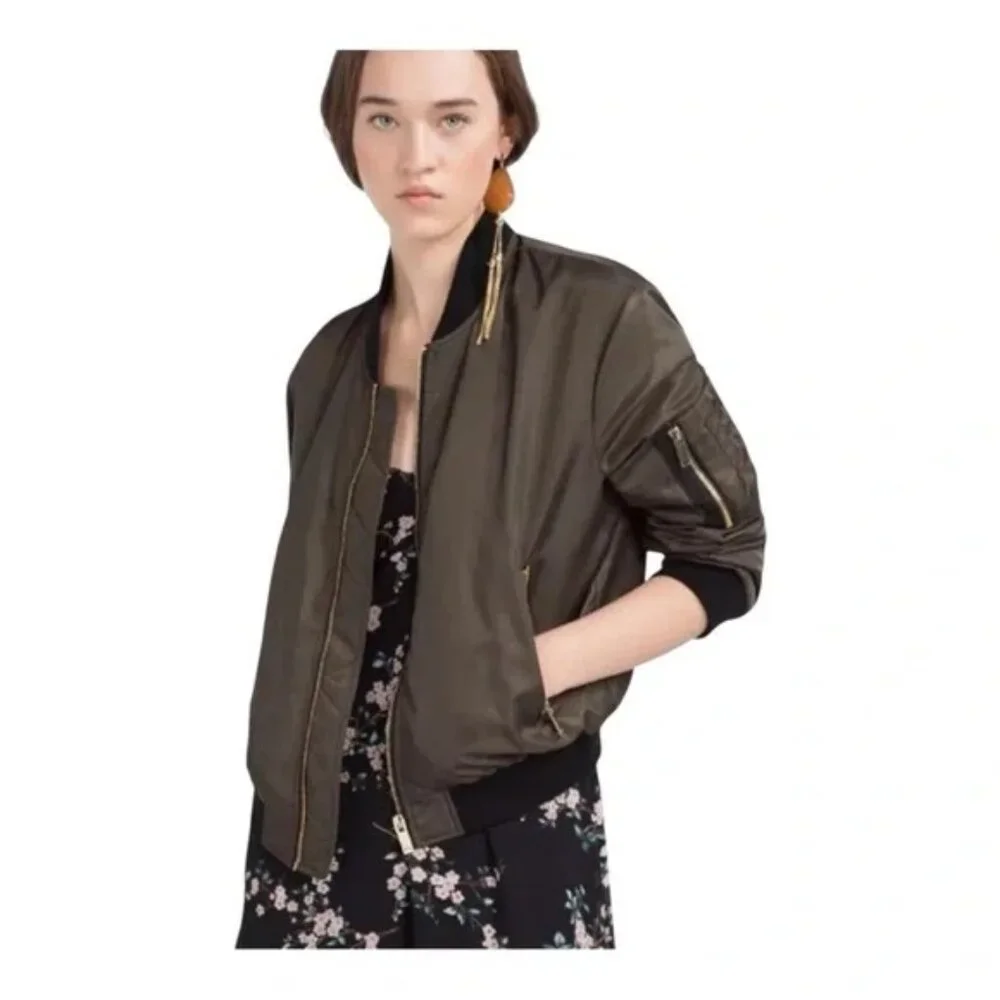 ZARA BASIC Olive Green Bomber Jacket Size L - Picture 1 of 3